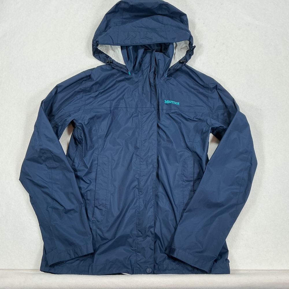 Marmot PreCip Eco Rain Jacket Womens Small Navy Blue Waterproof Hooded Shell